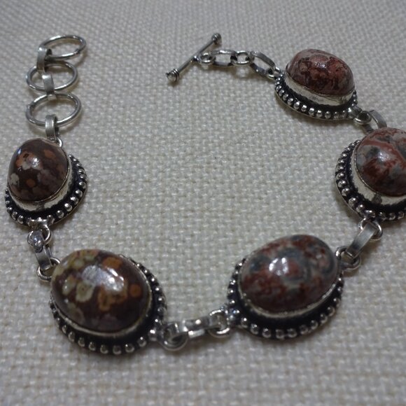Natural LEOPARD JASPER Handmade Sterling Bracelet Size 8" #826B - Picture 3 of 3